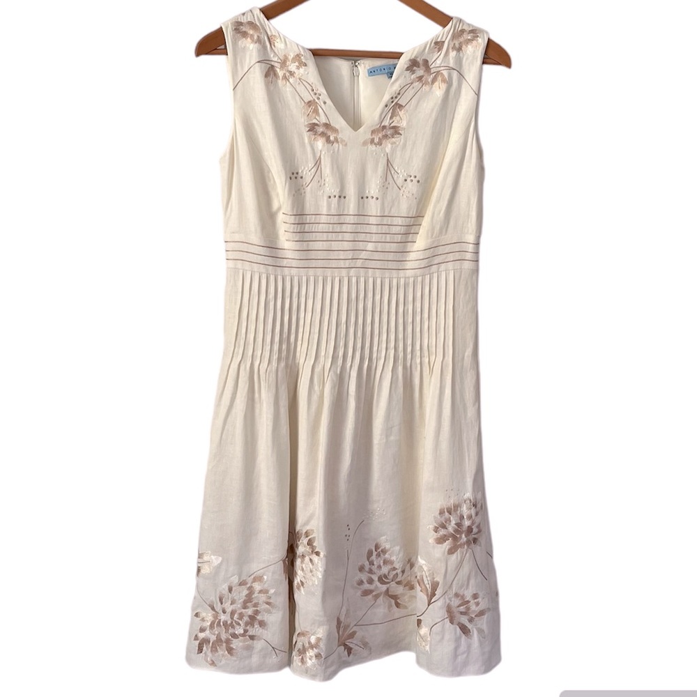 Antonio Melani Dress Ivory/Cream Linen Embroidered Flowers Lining Dress Size 10